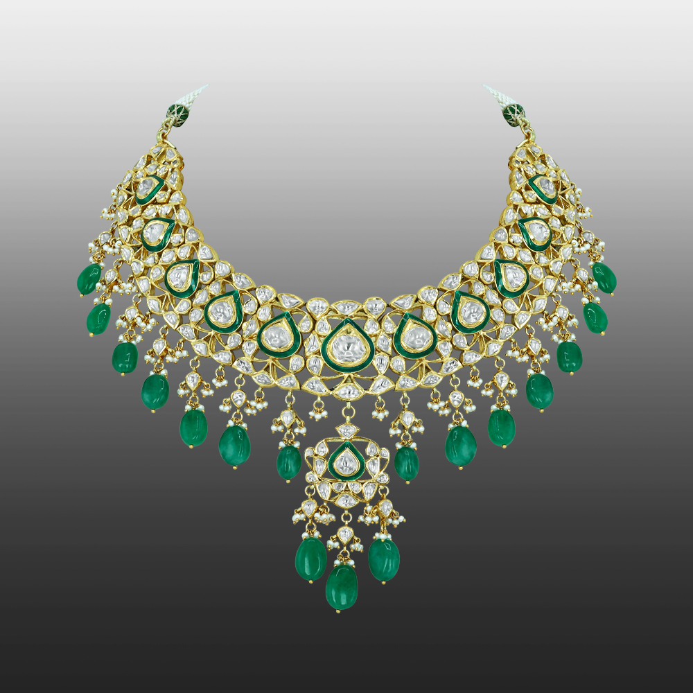Pear Shaped Polki Choker with Emerald Drops and Cascading Design